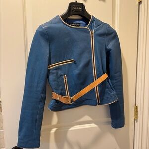 Elizabeth and James Blue Leather Jacket with Tan Accents